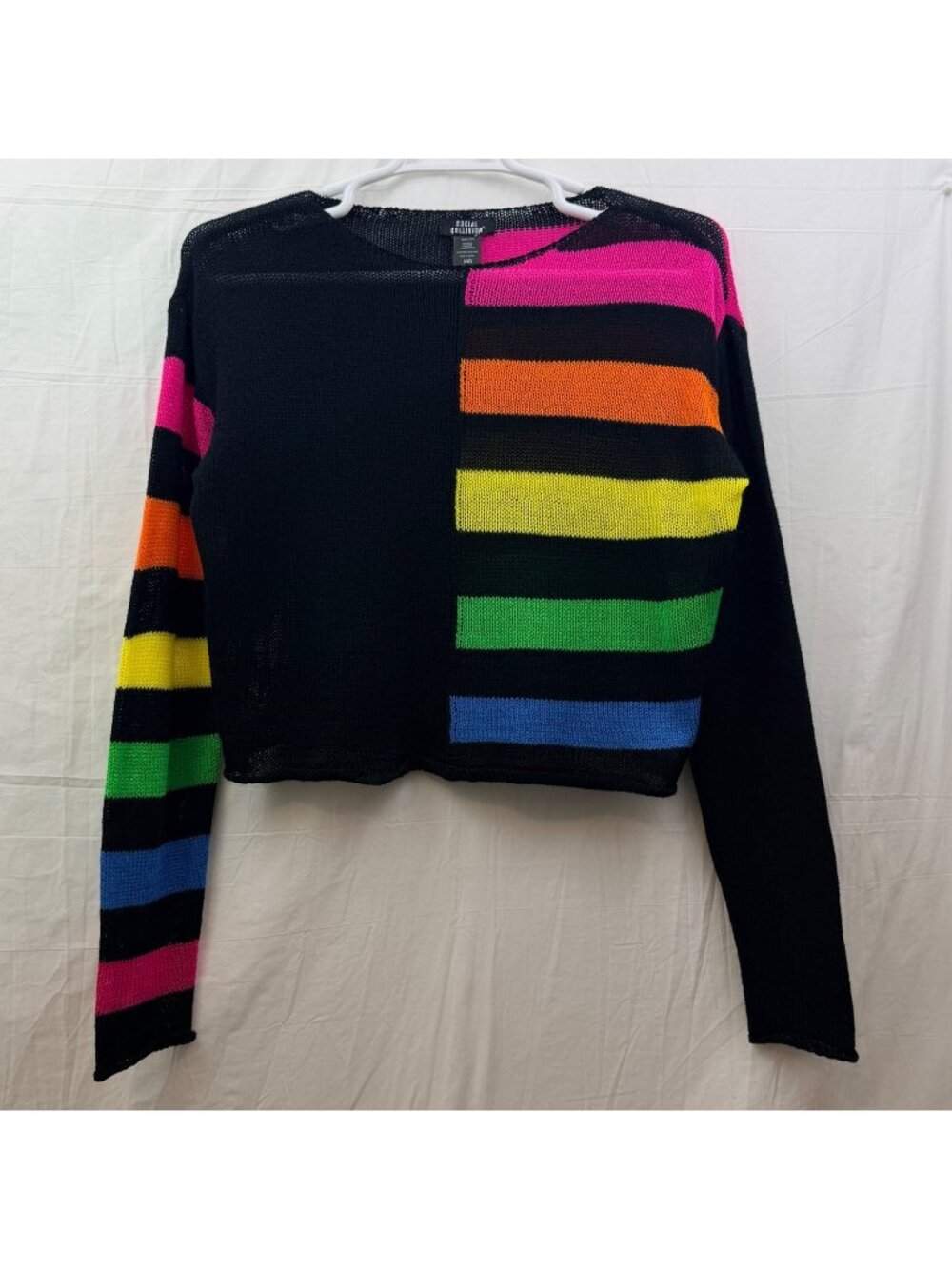 Social Collision Mesh Scoop Neck Sweater Women M Black w/Multicolor Striped